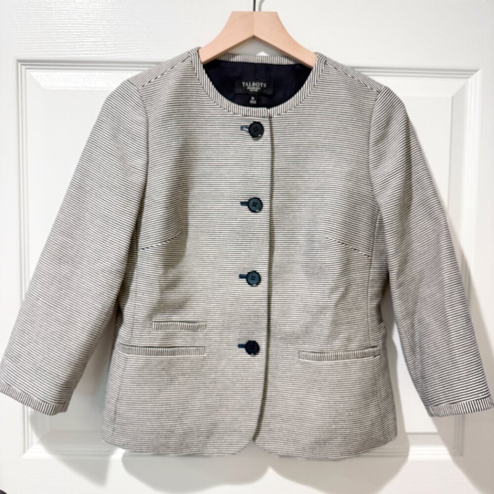 Talbots 8 Petite Cotton Ribbed Navy Blue White Striped Button Jacket Classic